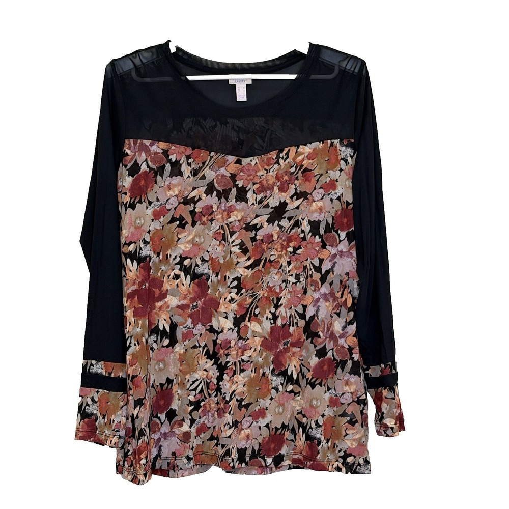 LOGO Layers Tunic Top Womens Medium Black Multicolor Floral Sheer Mesh Detail